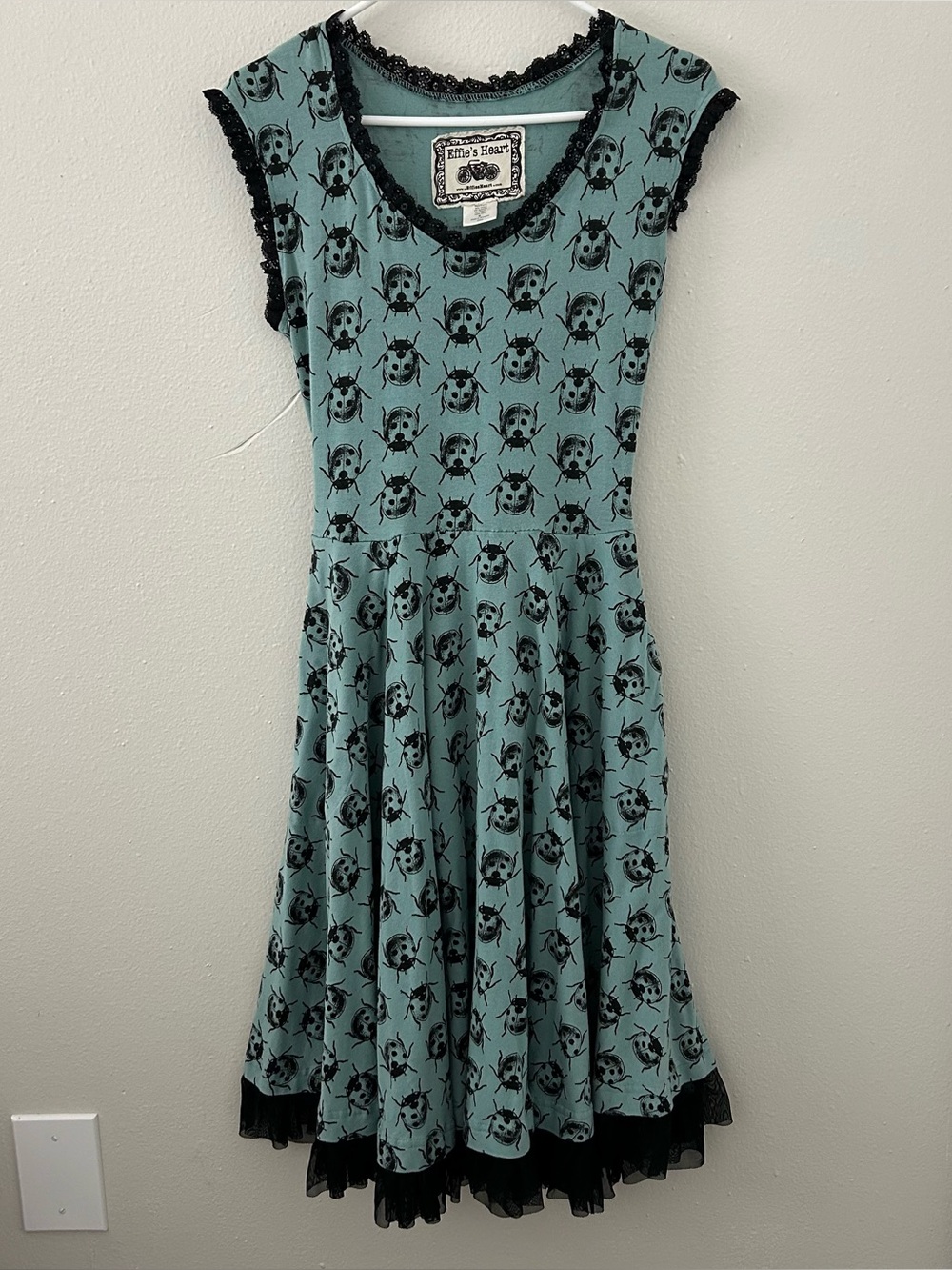 Effie’s Heart Ladybug Dress Size M Blue Black Insect Print Lace Trim Fit & Flare